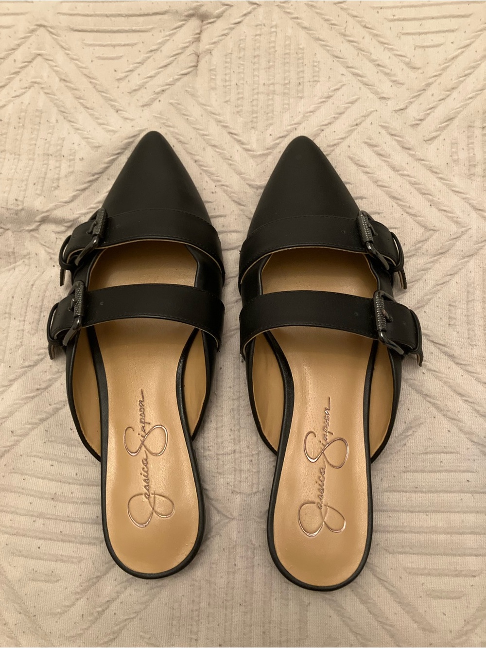 Jessica Simpson Black Pointed Mule with Double Buckle Straps
